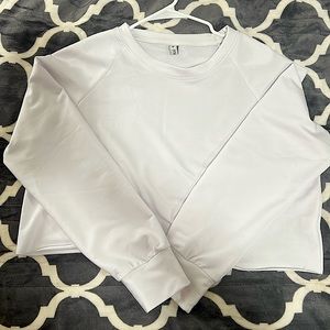 This is a white long sleeve crop top. The sleeves have thumb holes.